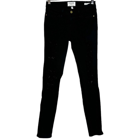 Frame Denim Black Film Noir Le Skinny De Jeanne Distressed Skinny Leg Jeans 26 - Picture 1 of 16
